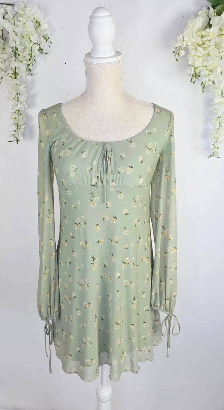 Forever 21 Mini Dress Small Sage Green Floral Mesh Long Sleeve Cottage Milkmaid